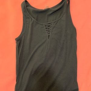 Teal tank top with criss/cross derail